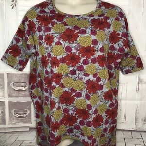 ❦ LuLaRoe Irma Womens Gray Red Floral Hi-Lo SS Casual Top T-Shirt Sz. Large L 💥